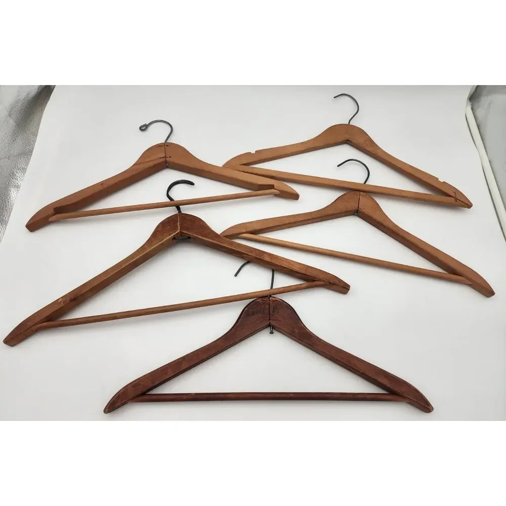 Vtg Lot of 5 Wood Coat Hangers Hotel Dept Store Advertising Syracuse New Yorker